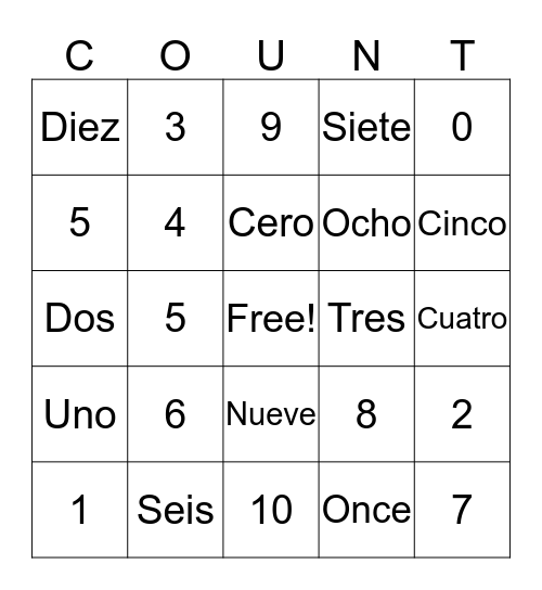 Numbers In Spainish Bingo! Bingo Card