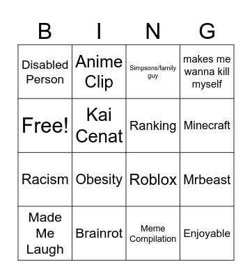 Youtube Shorts Bingo Card
