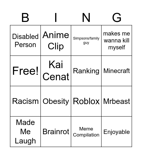 Youtube Shorts Bingo Card