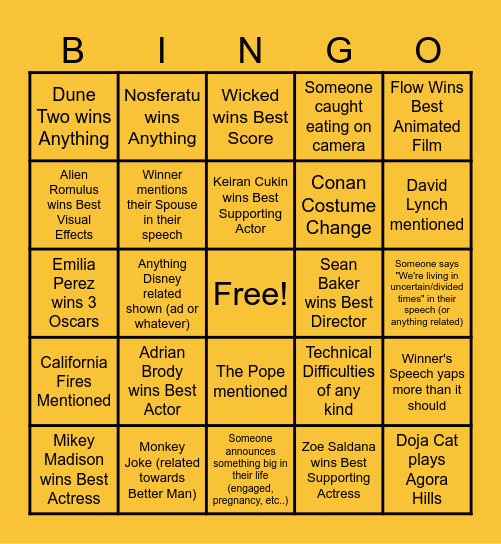 Oscar Bingo Card