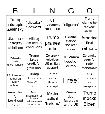 Trump-Zelensky talks Bingo Card