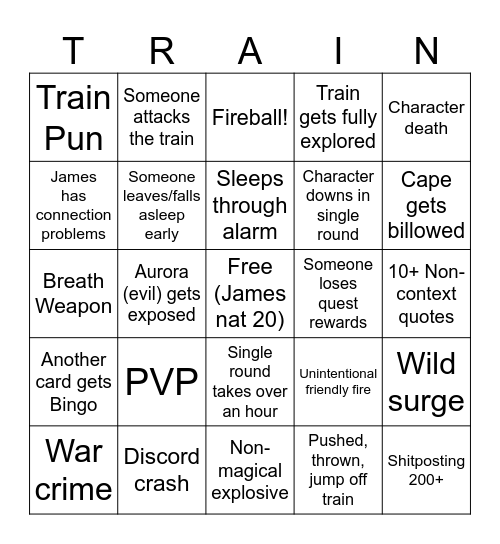 Train of Pain Bingo Card
