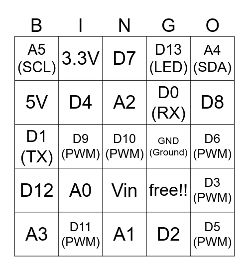 Arduino UNO PINs Bingo Card