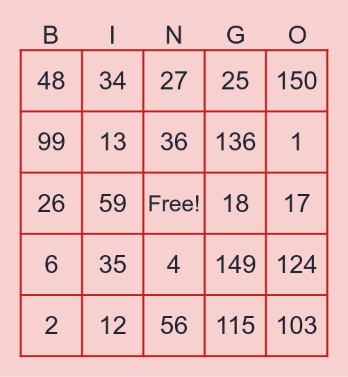 NUMBERS Bingo Card