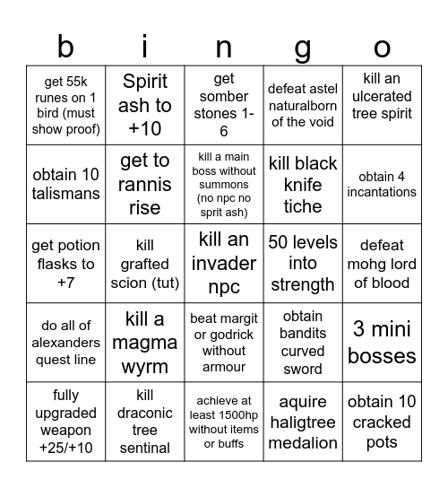 elden ring Bingo Card
