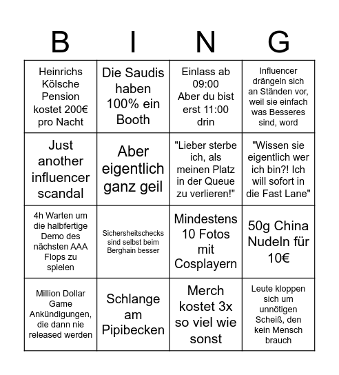 Die klassische gamescom Experience Bingo Card