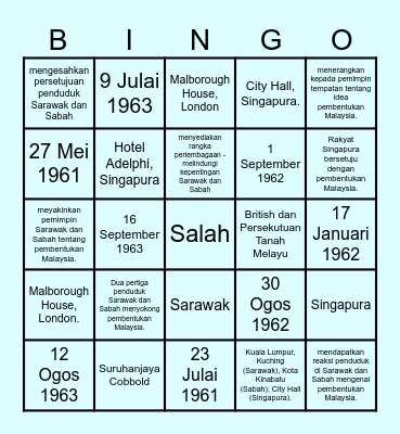 LANGKAH-LANGKAH PEMBENTUKAN MALAYSIA Bingo Card