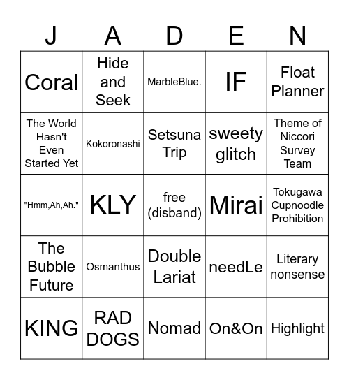 jaden's relaxing tea time bingo!! Bingo Card