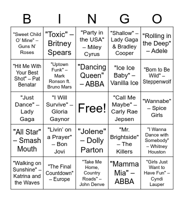 Top Hits Music Bingo Card