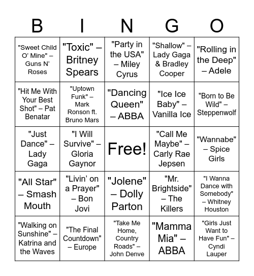 Top Hits Music Bingo Card