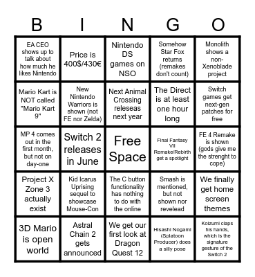 Xorhan's Nintendo Switch 2 Direct Bingo Card