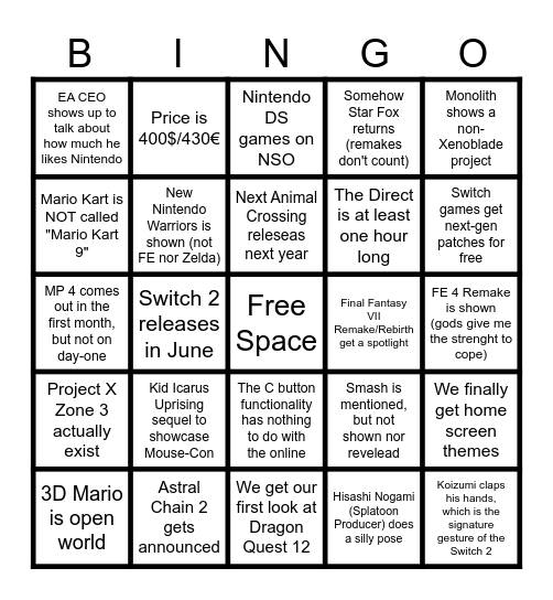 Xorhan's Nintendo Switch 2 Direct Bingo Card