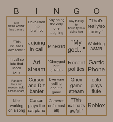 ASMR Studio Room Bingo Card