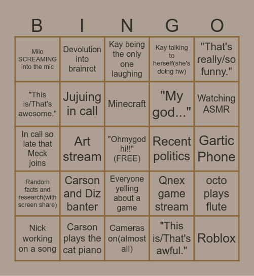 ASMR Studio Room Bingo Card