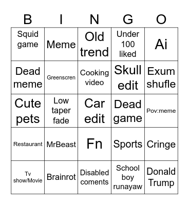 YouTube Shorts Bingo Card