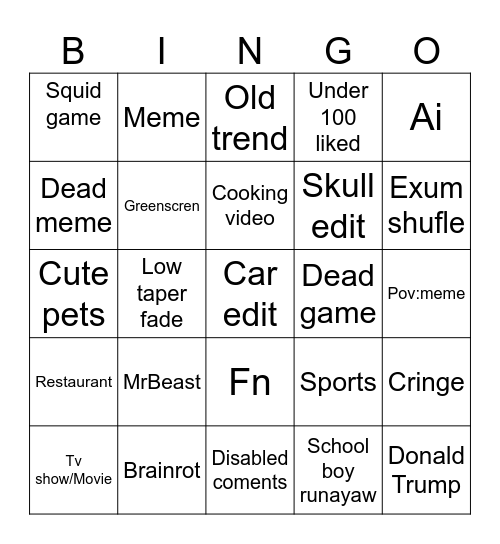 YouTube Shorts Bingo Card