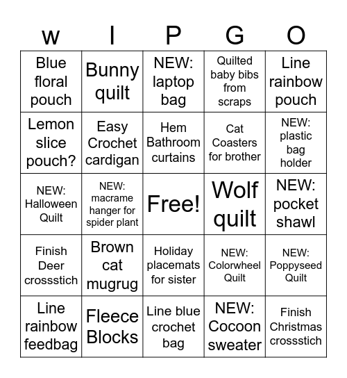 50 Projects WIPGO Bingo Card