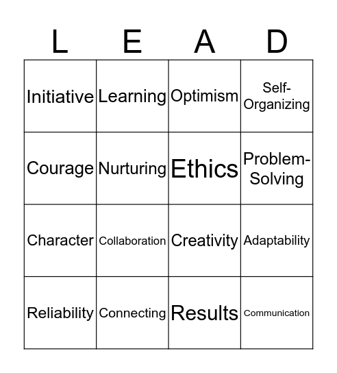 Leadership Competencies Bingo Card