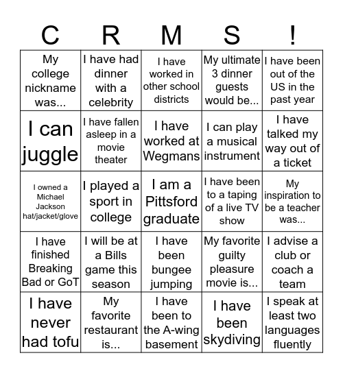 CRMS Bingo! Bingo Card