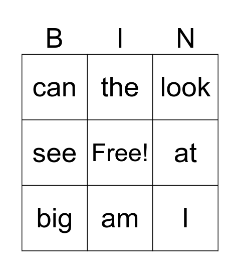 Sight Words Bingo Card