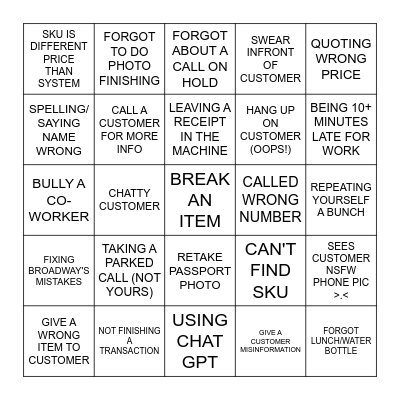 EMPLOYEE BINGO Card