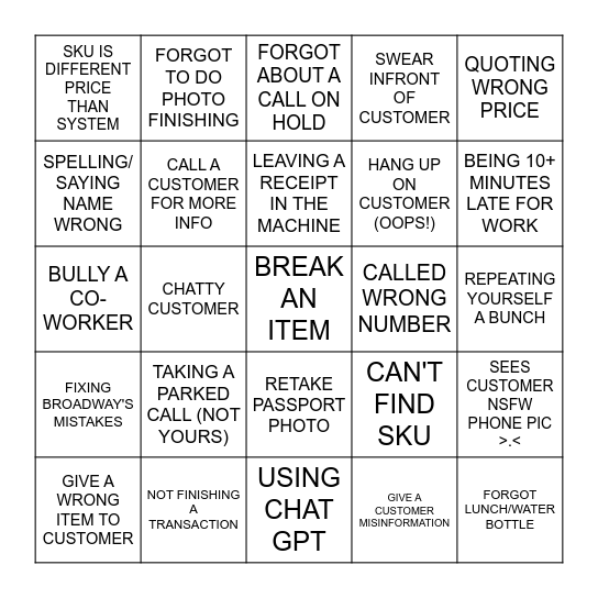 EMPLOYEE BINGO Card