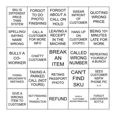 EMPLOYEE BINGO Card