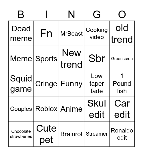 YouTube shorts Bingo Card