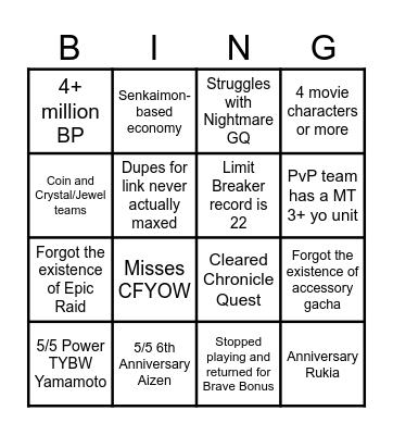 Bleach Brave Souls Veteran Bingo Card
