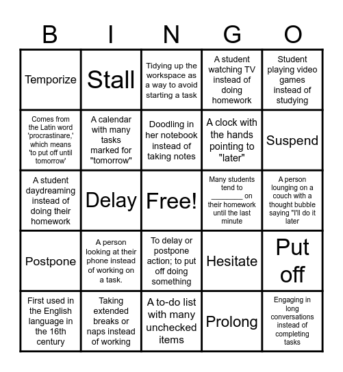 PROCRASTINATION BINGO! Bingo Card