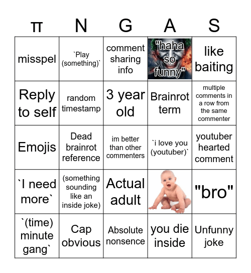 Brainrot tuber comments bingo (sort by new) Bingo Card