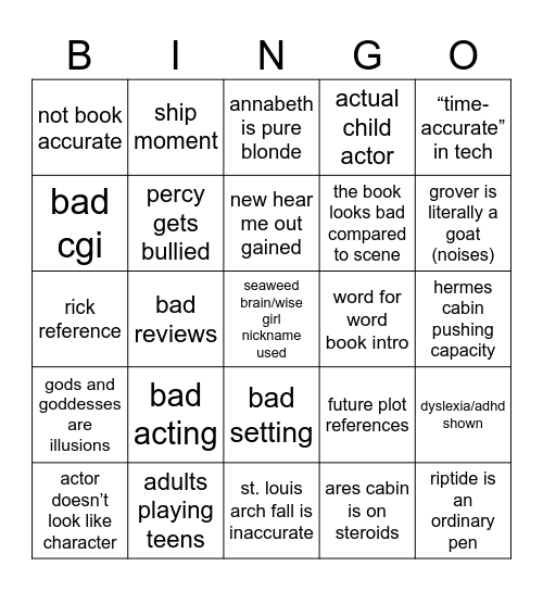percy jackson Bingo Card