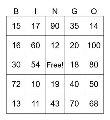 Number Bingo Card