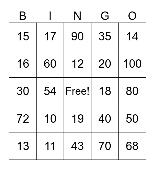 Number Bingo Card
