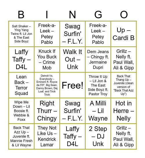 2000's Ratcheness Bingo Card