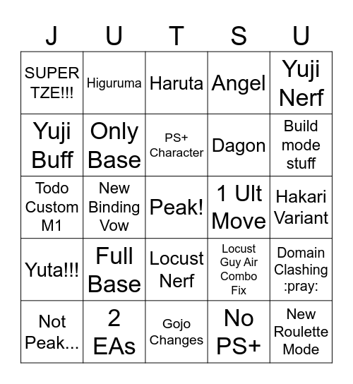 JJS Update Bingo Card