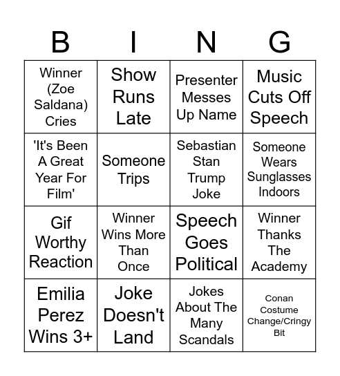 2025 Oscars Bingo Card Bingo Card