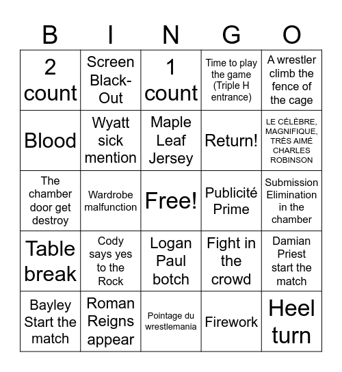 Elimination Chamber WWE Bingo Card