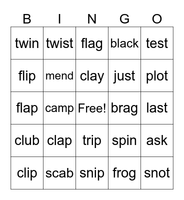 Consonant Blends Bingo Card