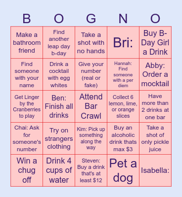 B-Day Bar Crawl Bingo Card