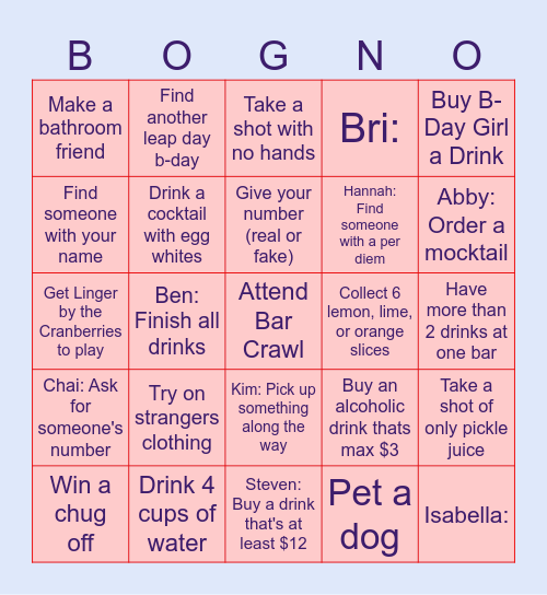 B-Day Bar Crawl Bingo Card