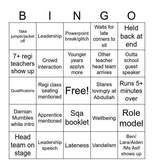 Assembly Bingo Card