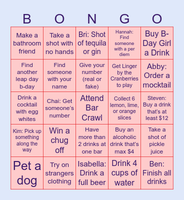 B-Day Bar Crawl Bingo Card