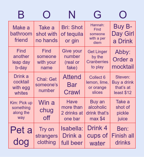 B-Day Bar Crawl Bingo Card