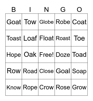 Long O Vowel Sounds Bingo Card