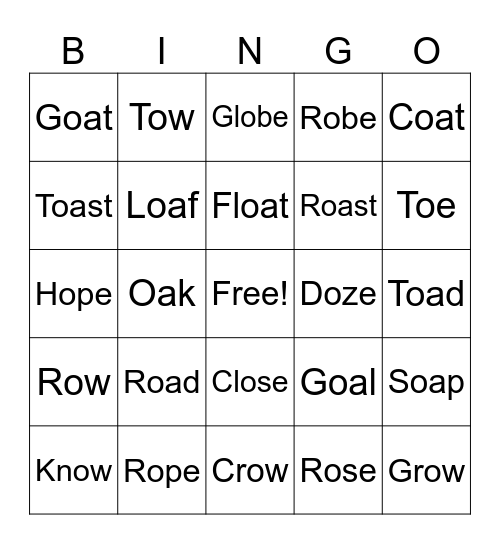 Long O Vowel Sounds Bingo Card