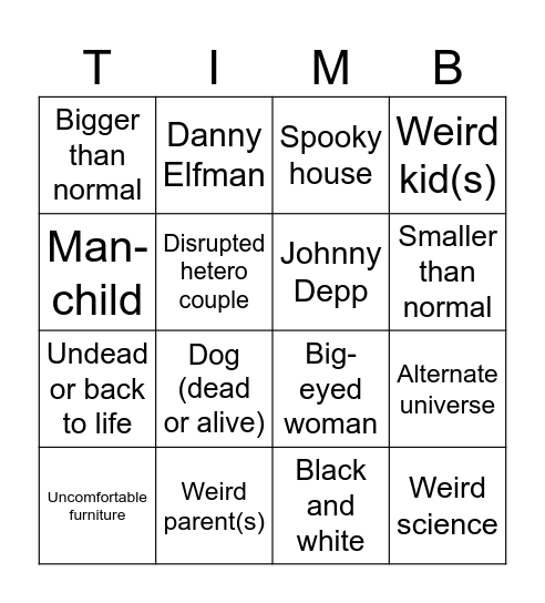 Tim Burton Movie Bingo Card