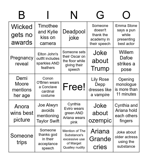 OSCARS Bingo Card