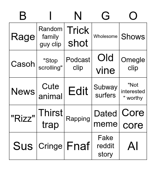 Tik tok Bingo Card