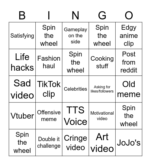 Instagram Reels bingo Card